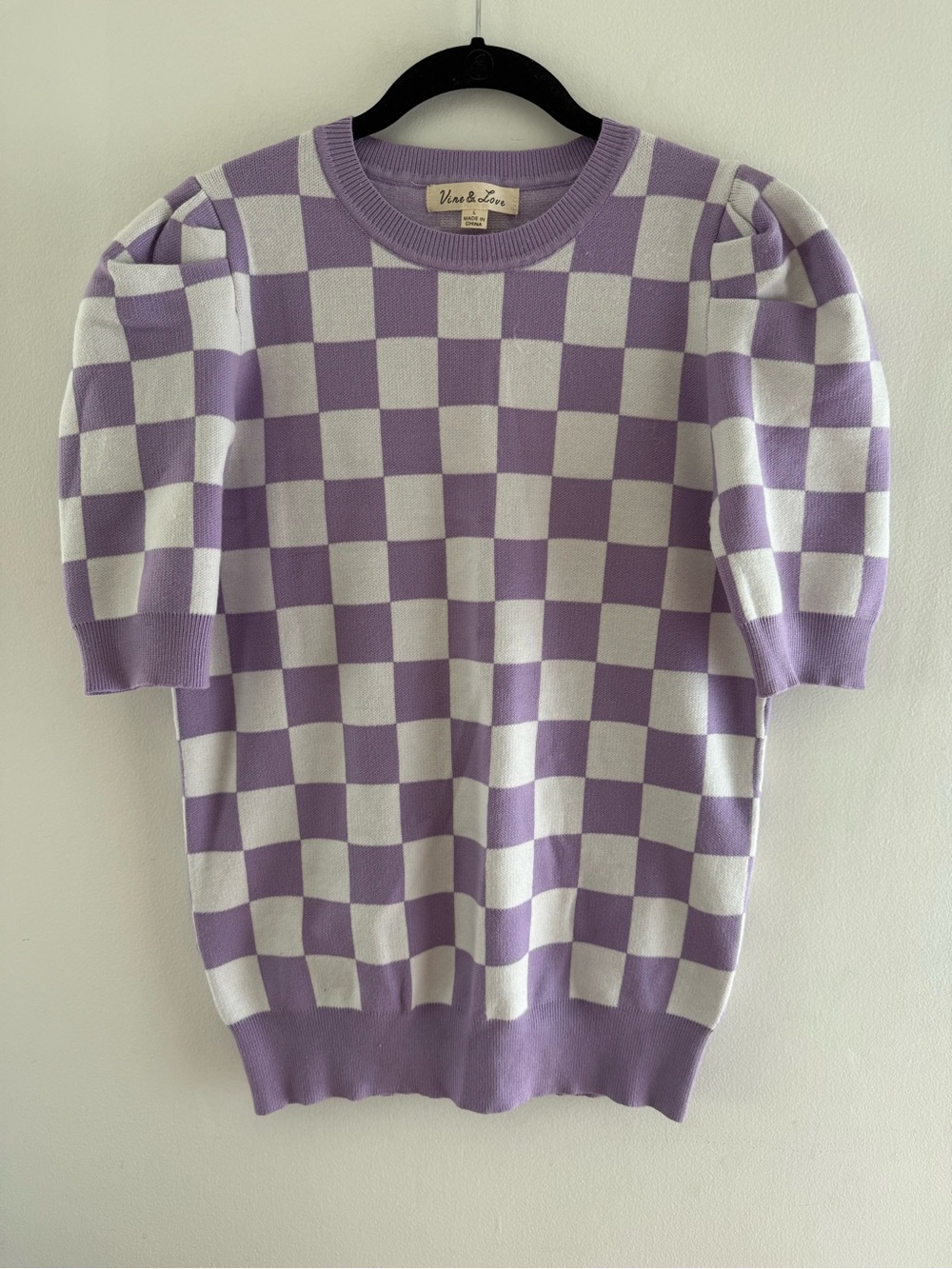Vine & Love Lavender and White Checkerboard Short Sleeve Sweater